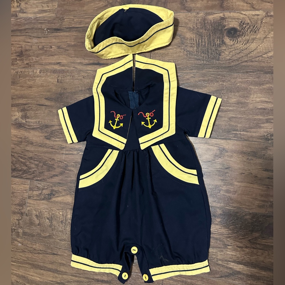 Nautical Sailor Navy & Yellow Kids Halloween Costume Baby Toddler Suit & Hat